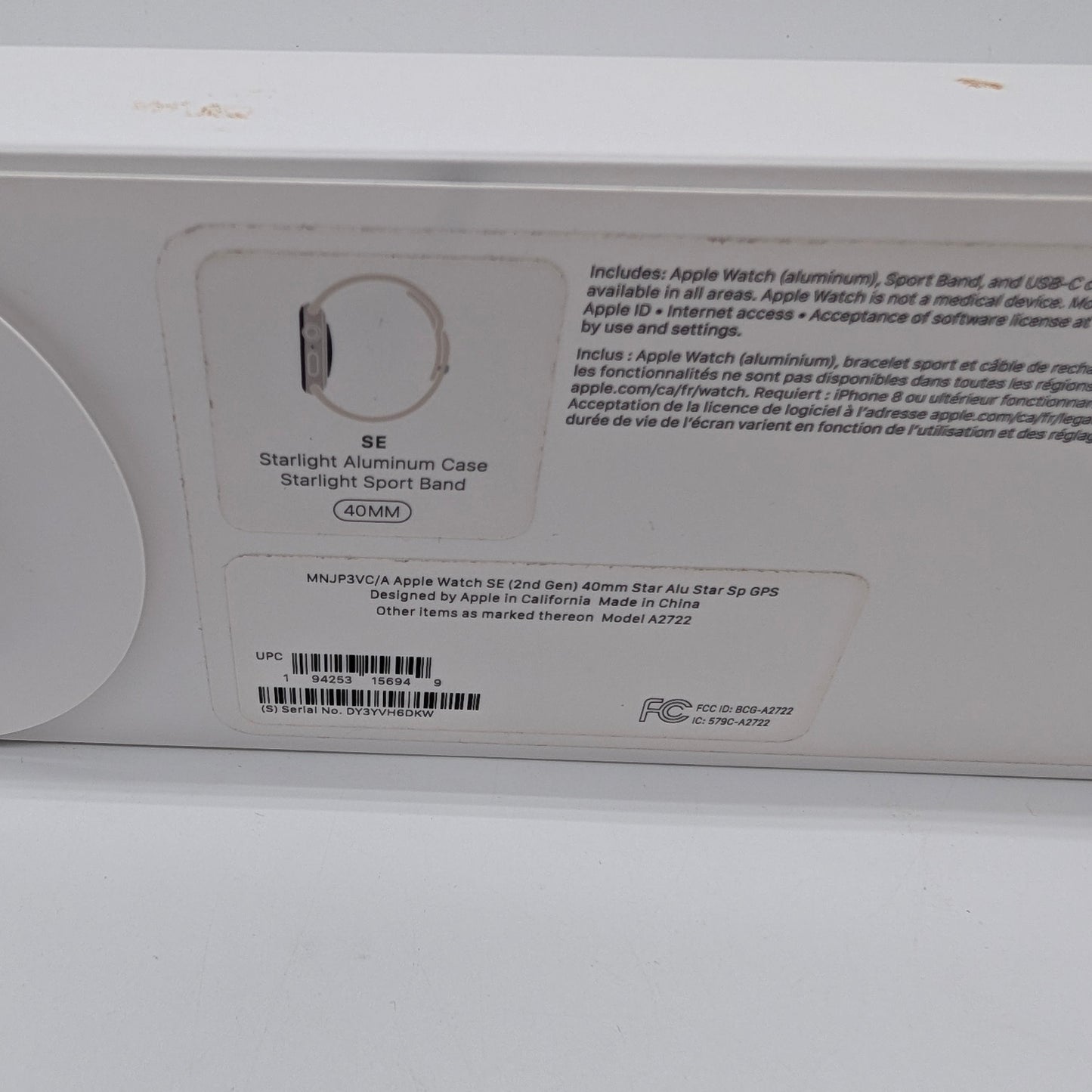 GPS Only Apple Watch SE 2nd Gen 40MM Aluminum Starlight Sport Band